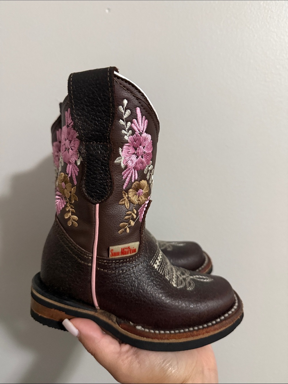 Girls' Brown Leather Western Boots with Pink Floral Embroidery - Picture 2 of 5